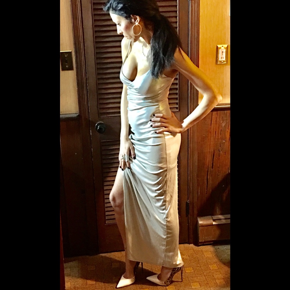 NWOT Blue Blush metallic side slit, ruched maxi - Picture 2 of 8